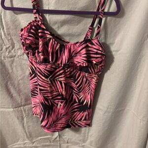 Pink and black floral bathing suit top with black skort bottoms
